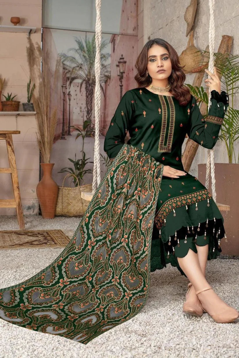 Bareeze GREEN  Unstitched Luxury Dhanak Heavy Embroidered 3PC Suit With Laser Cut Shawl