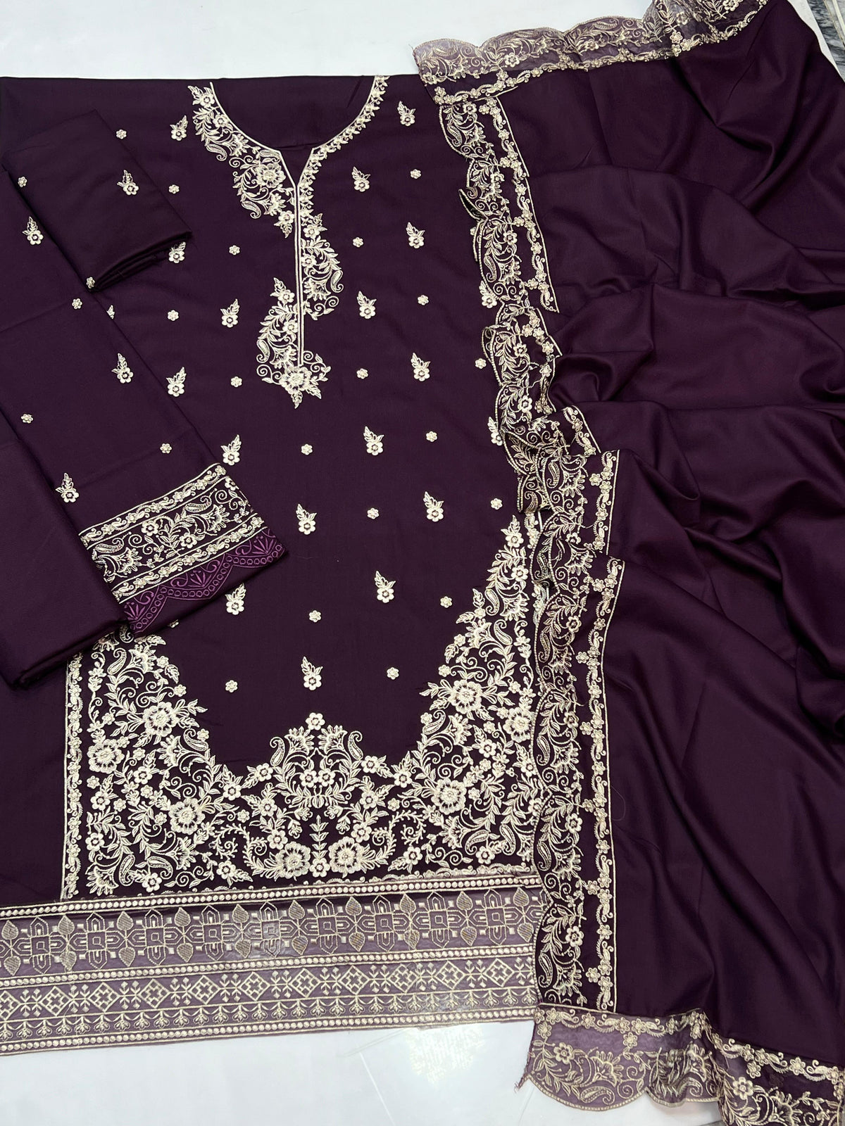 Azure Purple 3pc unstitched Dhanak Emb with Emb Shawl