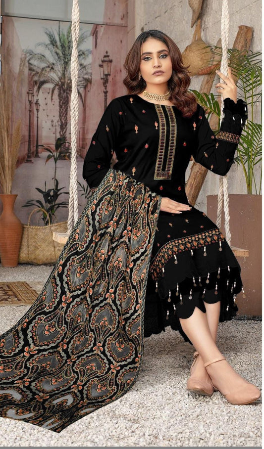 Bareeze Black Unstitched Luxury Dhanak Heavy Embroidered 3PC Suit With Laser Cut Shawl SS-7001