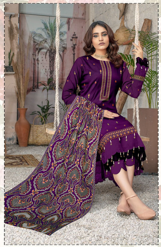 Bareeze 1672 Unstitched Luxury Dhanak Heavy Embroidered 3PC Suit With Laser Cut Shawl ( Purple )