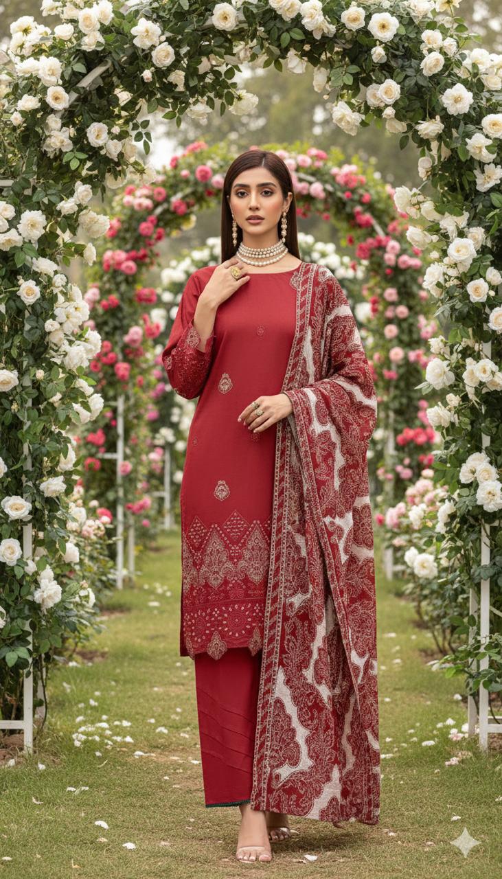 Mehroon Unstitched Luxury Dhanak Heavy Embroidered 3pc SS-7003