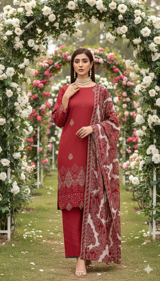 Mehroon Unstitched Luxury Dhanak Heavy Embroidered 3pc SS-7003